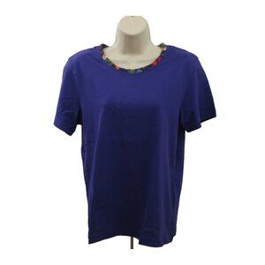 Lizsport T-Shirt Sz Med Purple Floral Ruffle Scoop Neck 100% Cotton Short Sleeve